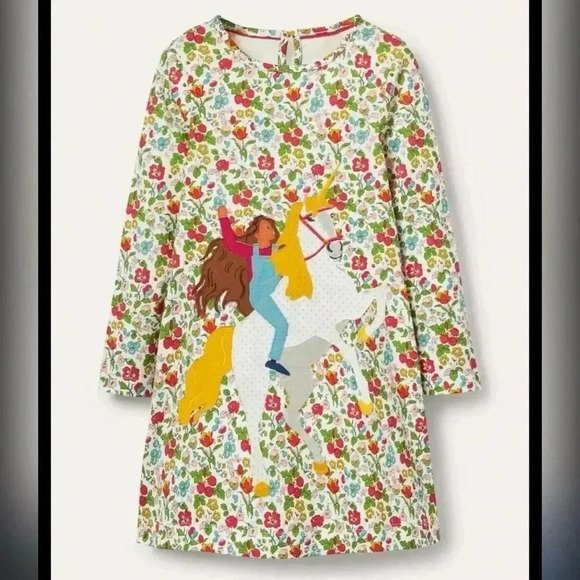 Mini Boden Big Appliqué Jersey Dress-Ivory Autumn Berry Unicorn Size 7-8 years - Picture 2 of 4